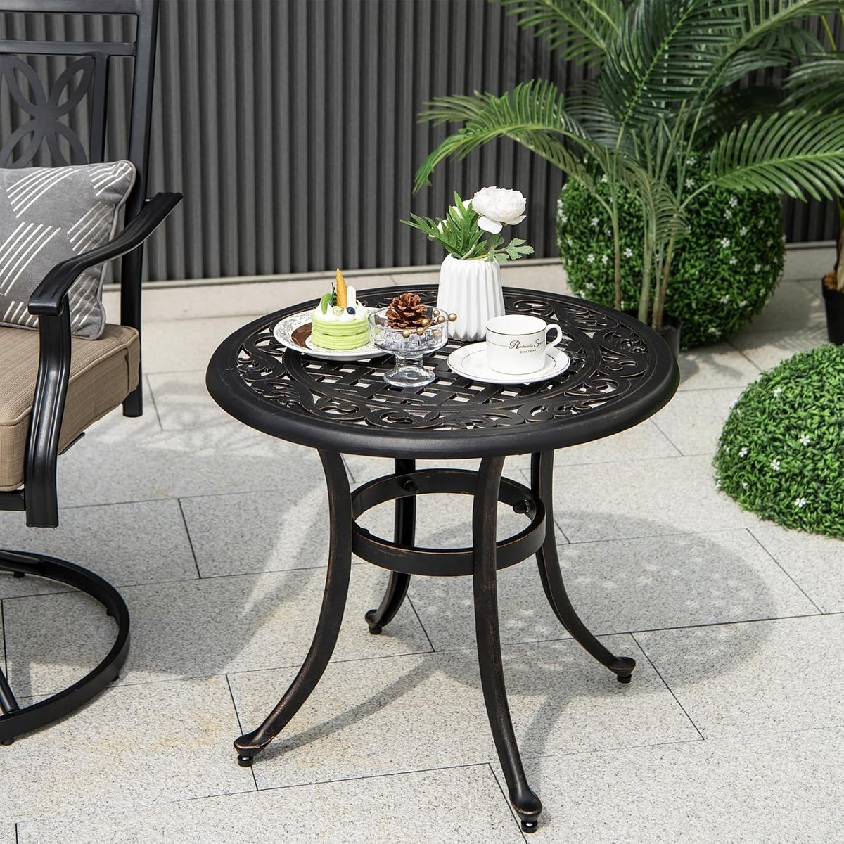 Tuintafel Rond - Balkontafel Bistro - Buiten Genieten - Weerbestendig Aluminium - 60 x 53 cm - Antiek Brons