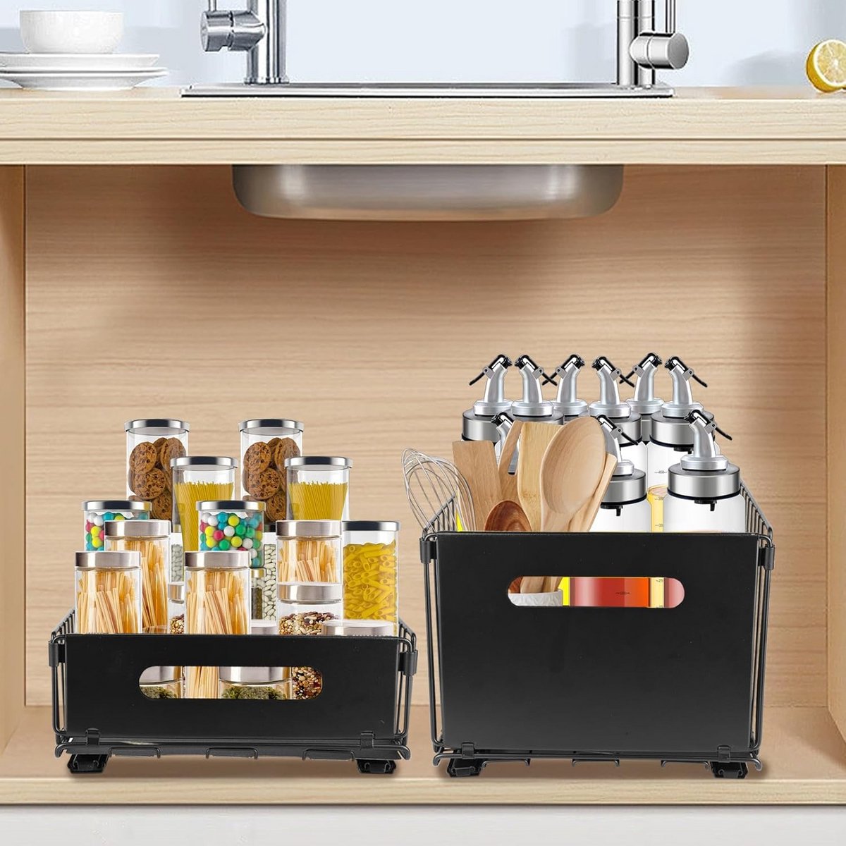 Set van 2 Uittrekbare Schuiflades voor Keuken Kastorganizer Zwart Groot