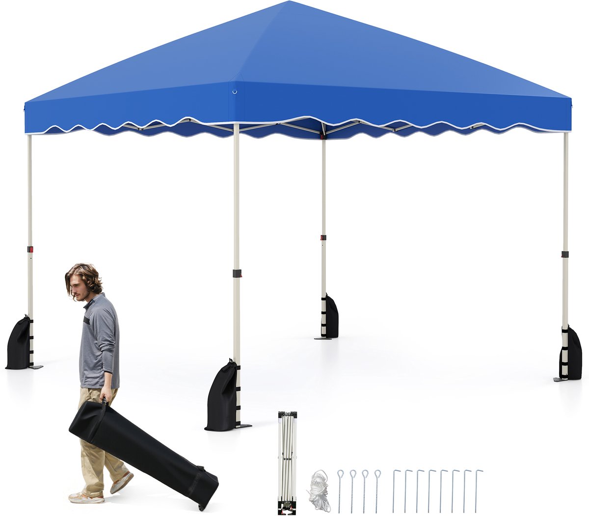 COSTWAY Paviljoen, 3 x 3 m, waterdicht vouwpaviljoen, met roltas, incl. 4 windtouwen en 4 zandzakken en 8 haringen, winterbestendig, tuinpaviljoen voor feestjes, festivals, markt, camping, blauw