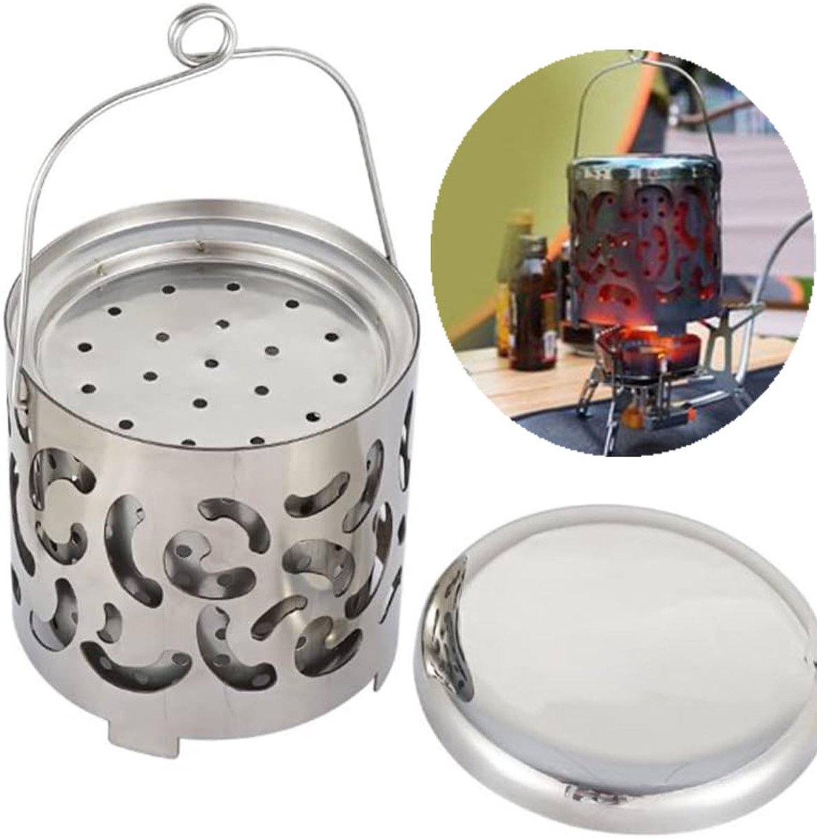 Draagbare kachel - Camping Heater - 10,3 × 11 cm - Camping Accessoires - RVS - Mini Heater Cover - Verwarmingshoes voor camping - Draagbare Heater - Geschikt voor Kamperen - Familie - Reizen - Zilver