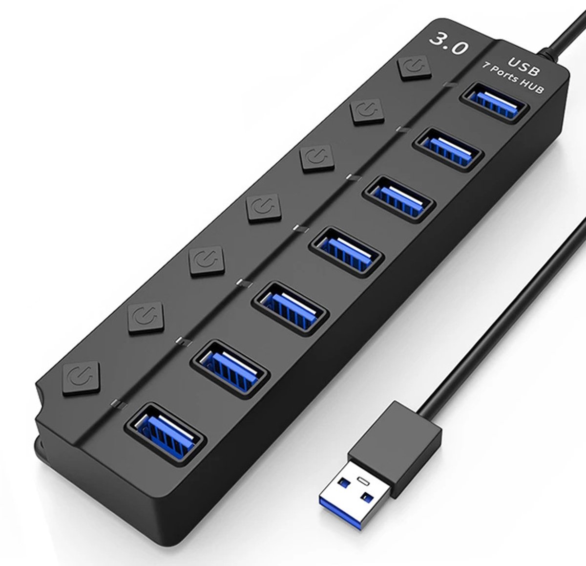 Image of USB 3.0 Hub Pro - Splitter - 5Gbps - 7 Poorten - Blauw LED Licht - Aan Uit Schakelaar - 1,2 meter - Zwart