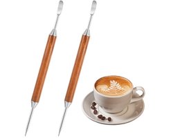 2-stuks Latte Art Pen - Dubbelzijdige Latte Art Pen - Roestvrijstalen Koffie Latte Art Tool - Espresso Latte Art Tool - Melkschuim Strijkstok - Barista Tool - Houten Handvat - 15 cm - Geschikt voor Thuis en Cafés - Houtkleur, Zilver