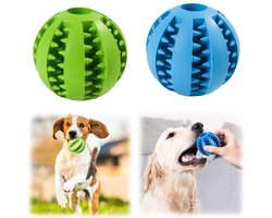 2 Speelballen - Huisdier slow feeder - Interactief hondenspeelgoed - Voerdispenser - Bijtbal voor puppy's - Speelbaar en kauwbaar - Geschikt voor kleine, middelgrote en grote honden en katten (7*7 cm - Groen, Blauw)