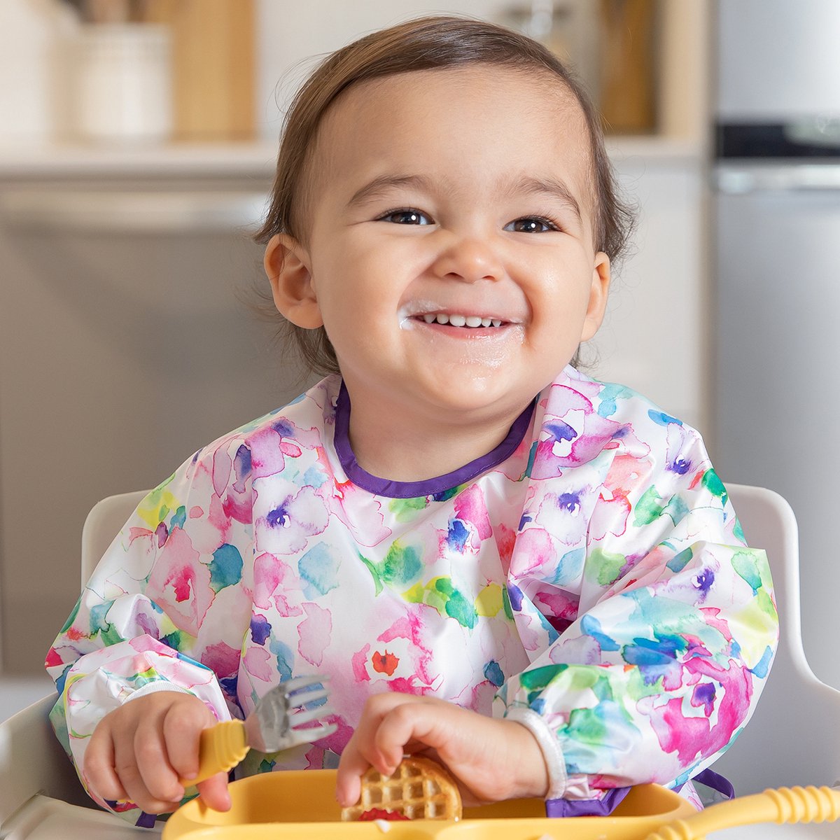 Bumkins Sleeved Bib - Waterdichte Mouwslab met Opvangbakje - Slab met Lange Mouwen - Knoeislab en Slabbetje voor Baby en Peuter - Kliederschort - Machinewasbaar - Baby Led Weaning BLW - Watercolor Waterverf Print - Meerkleurig Roze - 6-24 maanden