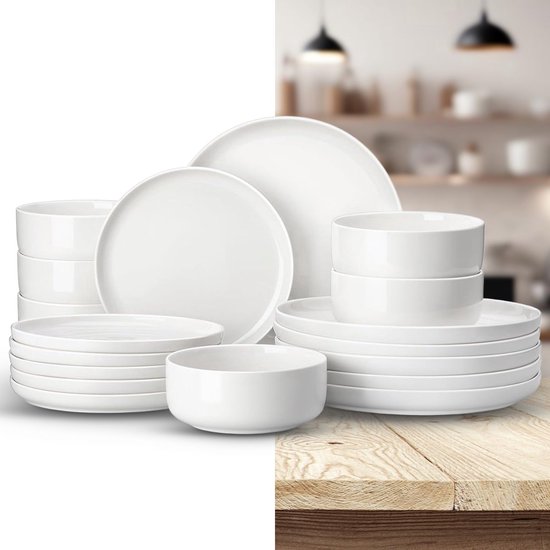 Service de table de Luxe – 18 pièces – 6 personnes – Porcelaine – Service d’assiettes – Assiettes plates – Assiettes à dessert – Bols – Blanc ivoire