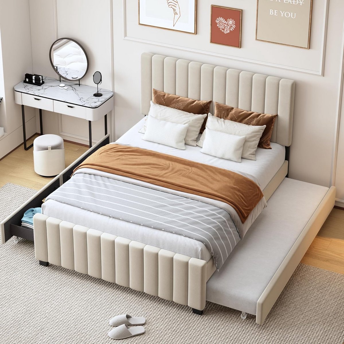 Gestoffeerd Bed - Kinderbed Tienerbed - Logeren Slapen - Uittrekbaar Onderbed - 140 x 190 cm - Beige