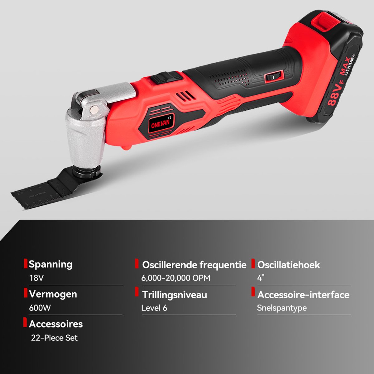 ONEVAN Accu Multitool - met 2x Accu's & 22x Accessoires thumbnail 2
