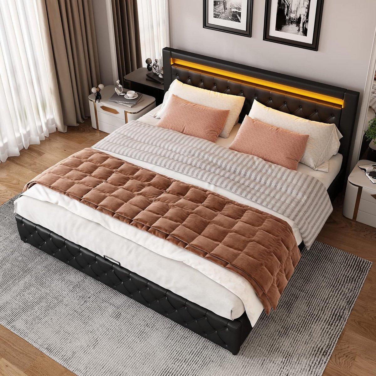Luxe Gestoffeerd Tweepersoons Bed met Opbergruimte en LED-verlichting (180x200 cm)