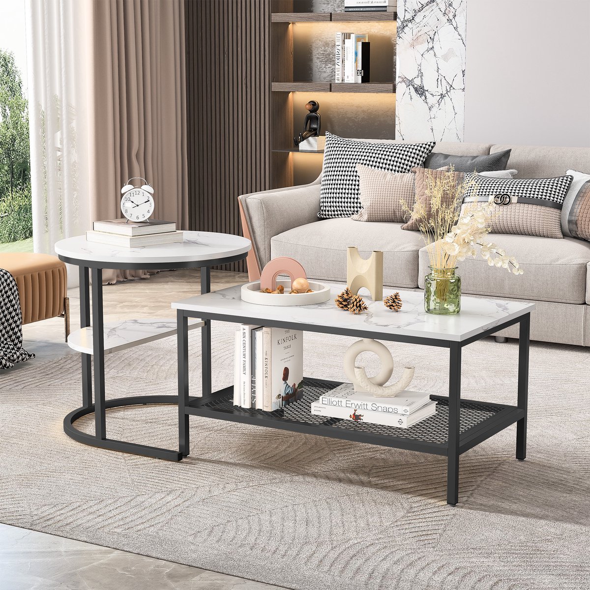 Nesttafels Set van 2 – Salontafel en Bijzettafel Set – Met Metalen Frame en Opbergruimte – Marmerlook Tafelblad – Modern Design