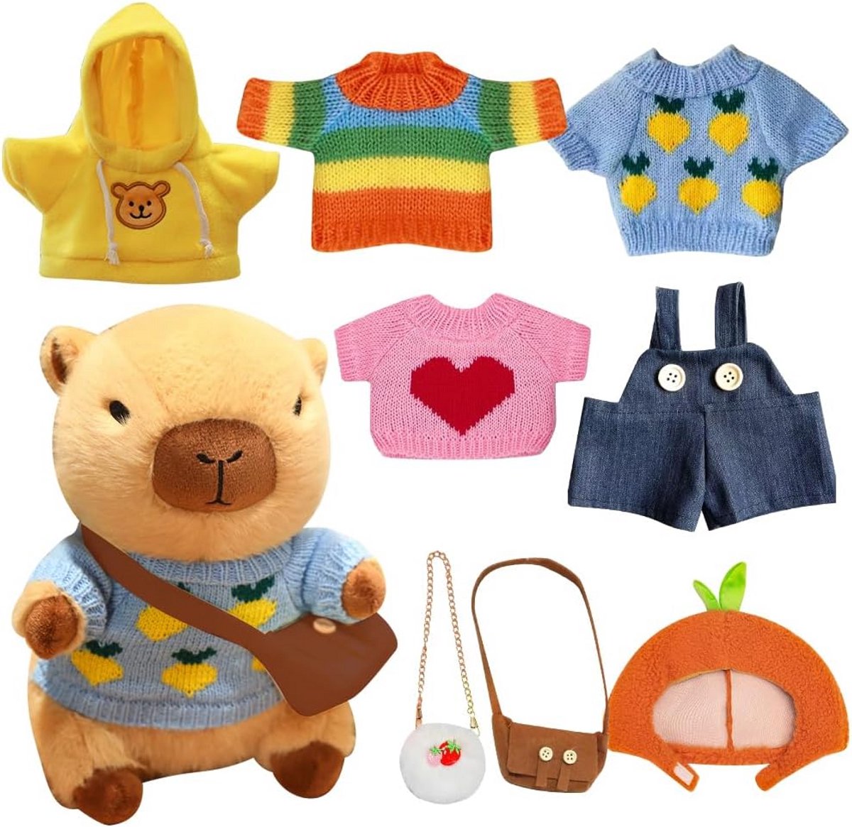 Grote Capibara Knuffel Set met 8 Accessoires - Zacht Pluche Dier Speelgoed voor Kinderen en Volwassenen