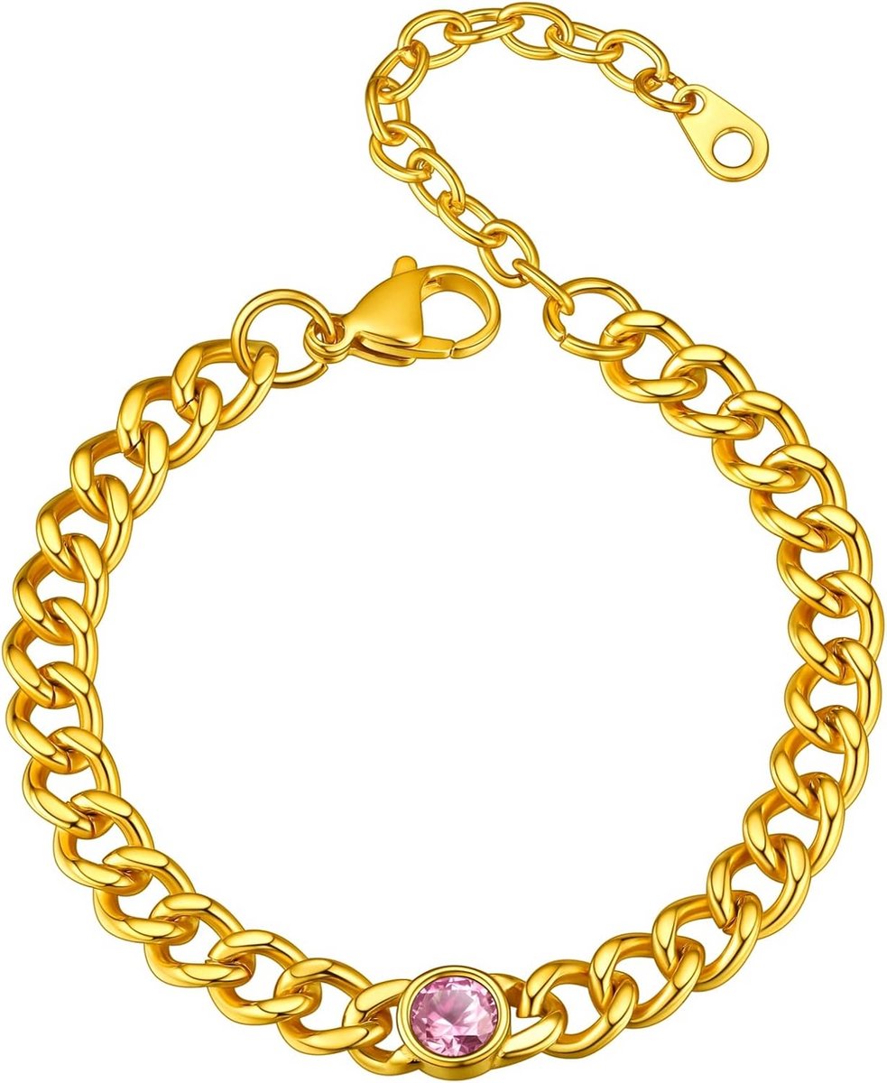 Cubaanse Schakelarmband Heren Dames - Roestvrij Staal met 18K Vergulding en Geboortesteen