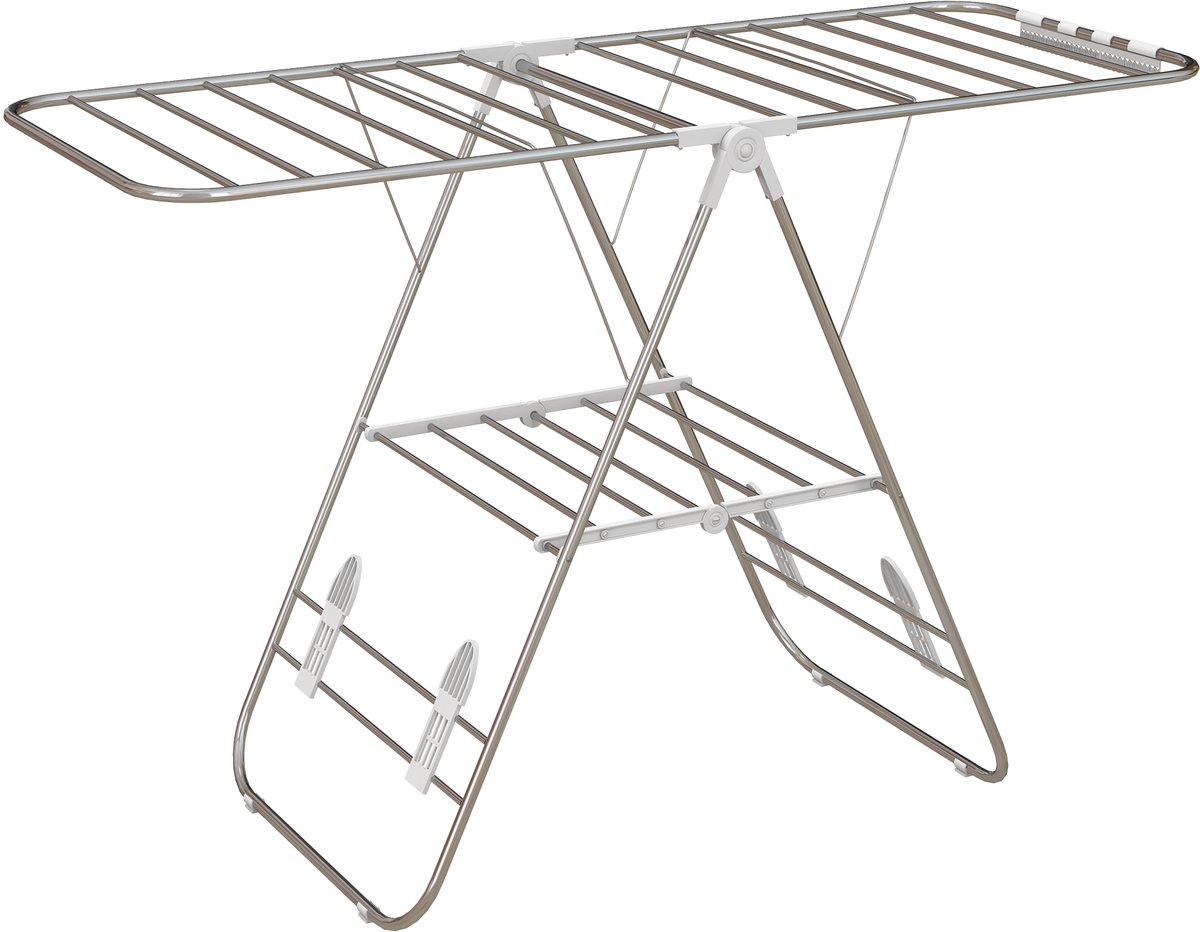Opvouwbaar Wasrek - 146x60,5x98 cm - Flügeltrockner + Telescopische Stangen - RVS & Kunststof - Zilver/Wit