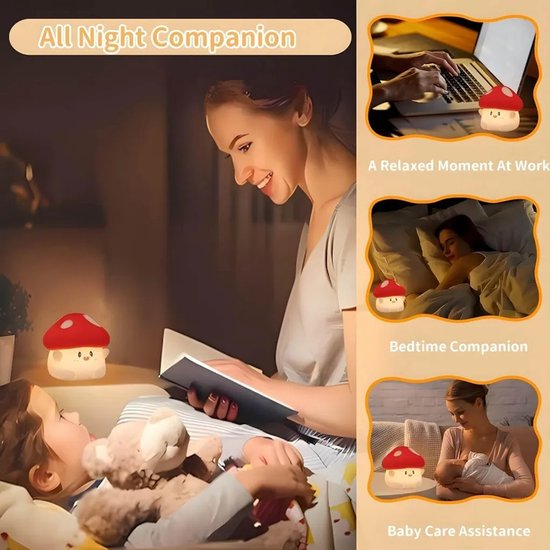 LED-nachtlampje, bedlampje, paddenstoelvormig siliconen kinderbedlampje, aanraakdimbaar, USB-opladen, gesimuleerde lamp voor peuterkamer. — afbeelding 5