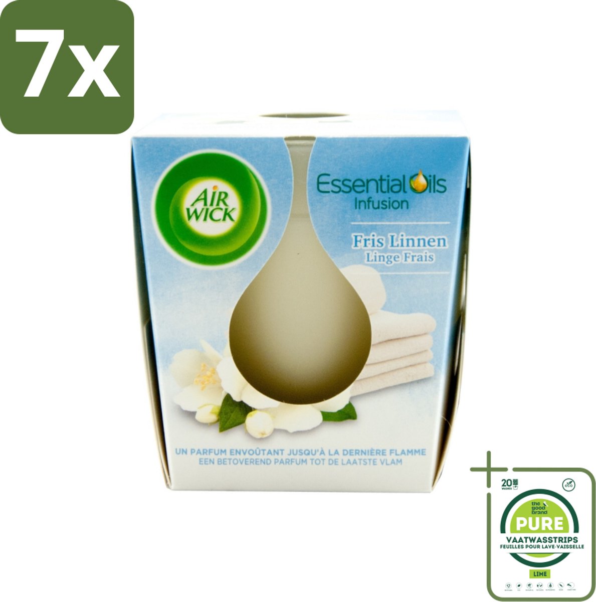 7 x Air Wick – Geurkaars – Fris Linnen met Essentiële Oliën – 105 g - Grootverpakking - Ge
