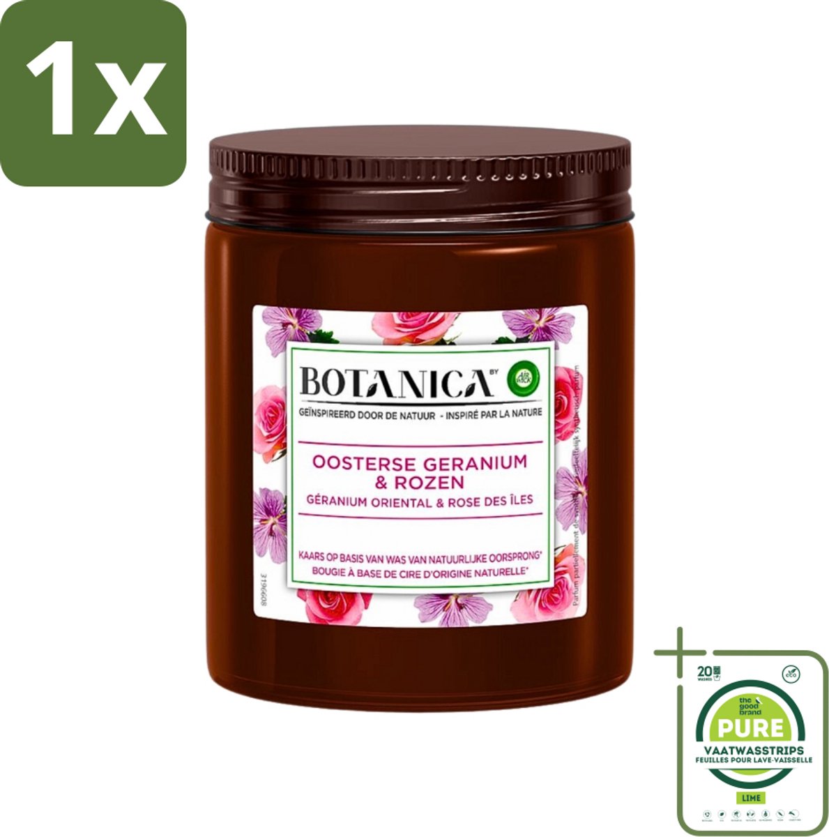 1 x Botanica by Air Wick - Geurkaars - Geranium & Rozen - 40 Uur Brandduur - Geurkaars - Botanica - Air Wick - Geranium - Rozen