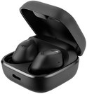 Zwarte Sennheiser oordopjes in een open zwart oplaaddoosje.