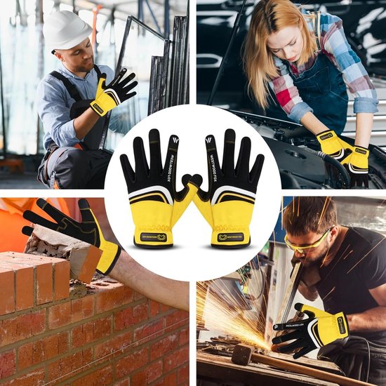 Collage van mensen die werkhandschoenen dragen: bouwvakker, automonteur, metselaar en lichter.