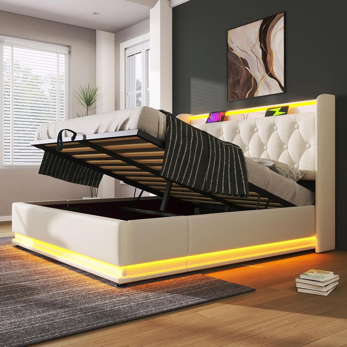 Gestoffeerd Dubbel Bed 140x200 cm met Opbergruimte en Lattenbodem, Wit