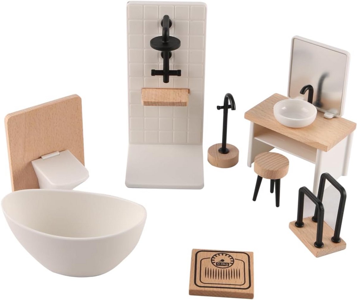Miniatuur Badkamerset voor Poppenhuis - Houten Meubels en Accessoires