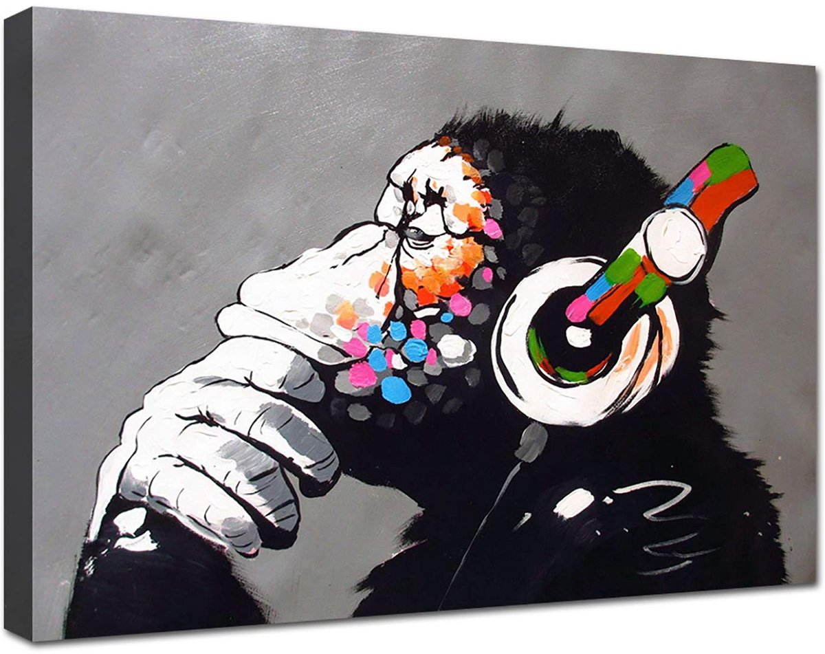 Unyqoos Moderne kunstdruk op canvas met aap en muziek thema voor interieur meerkleurig