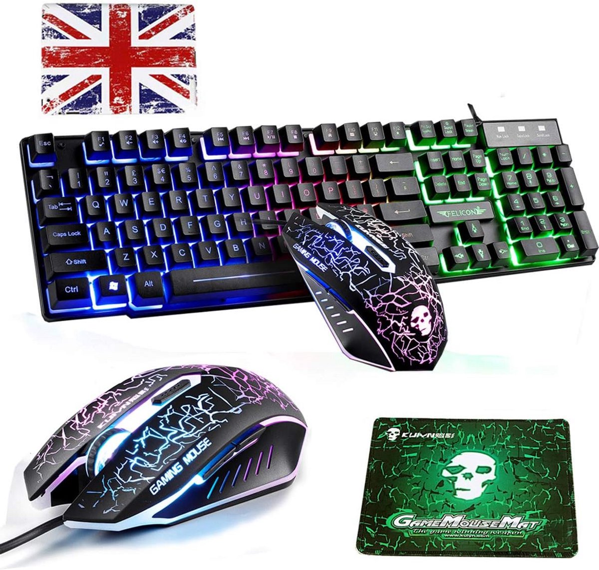 Bedraad Gaming Toetsenbord en Muis Set met UK Layout en Regenboog Verlichting