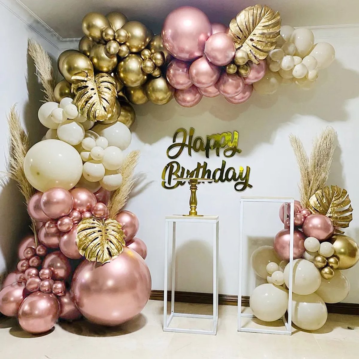 Ballonnenboog Set – Roségoud & Goud met Crème Wit – Inclusief Accessoires – Verjaardag, Babyshower & Feestdecoratie