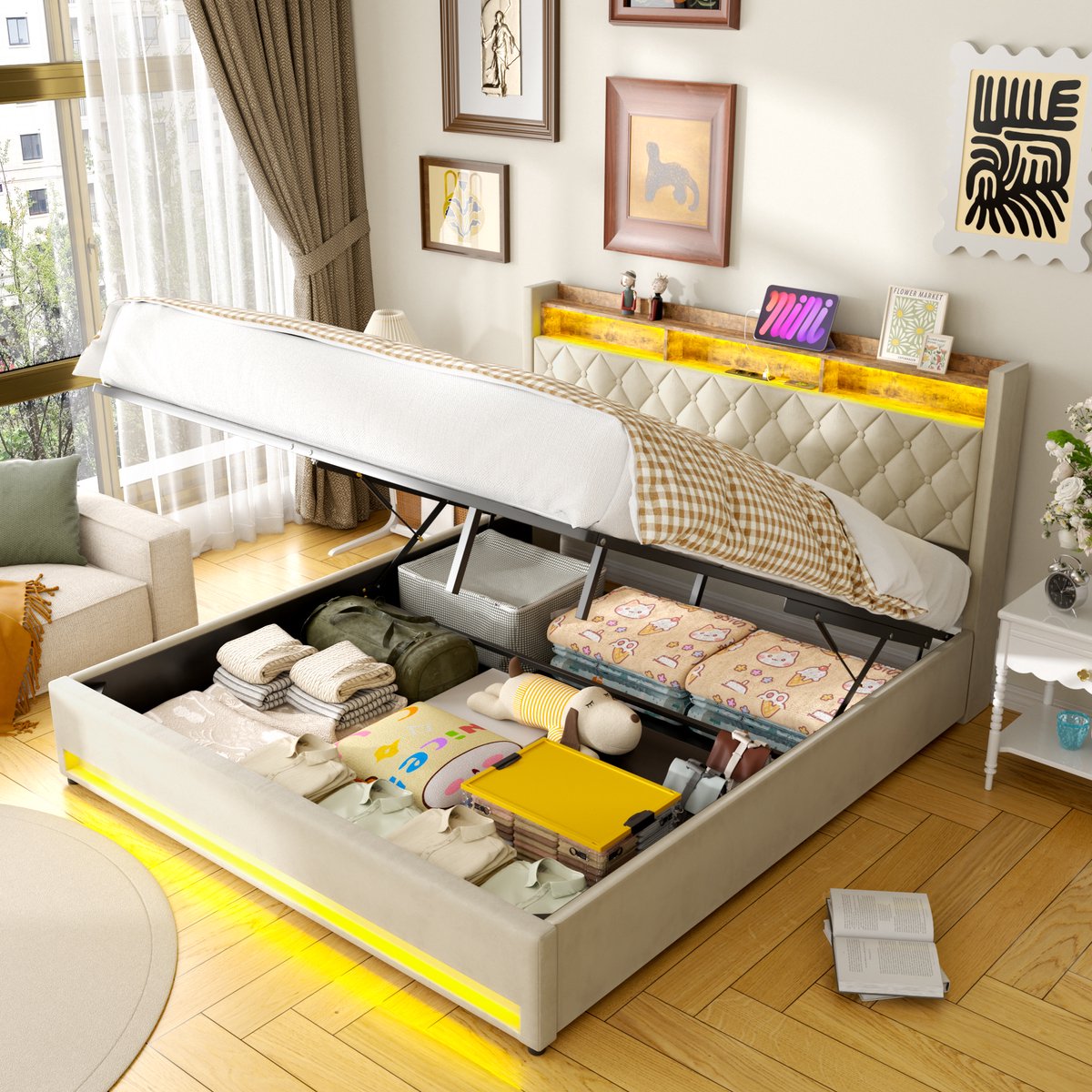 OKWISH Tweepersoonsbed 180×200 cm - Bed Met Opbergruimte - LED Verlichting En USB - Fluwelen Bedframe - Beige