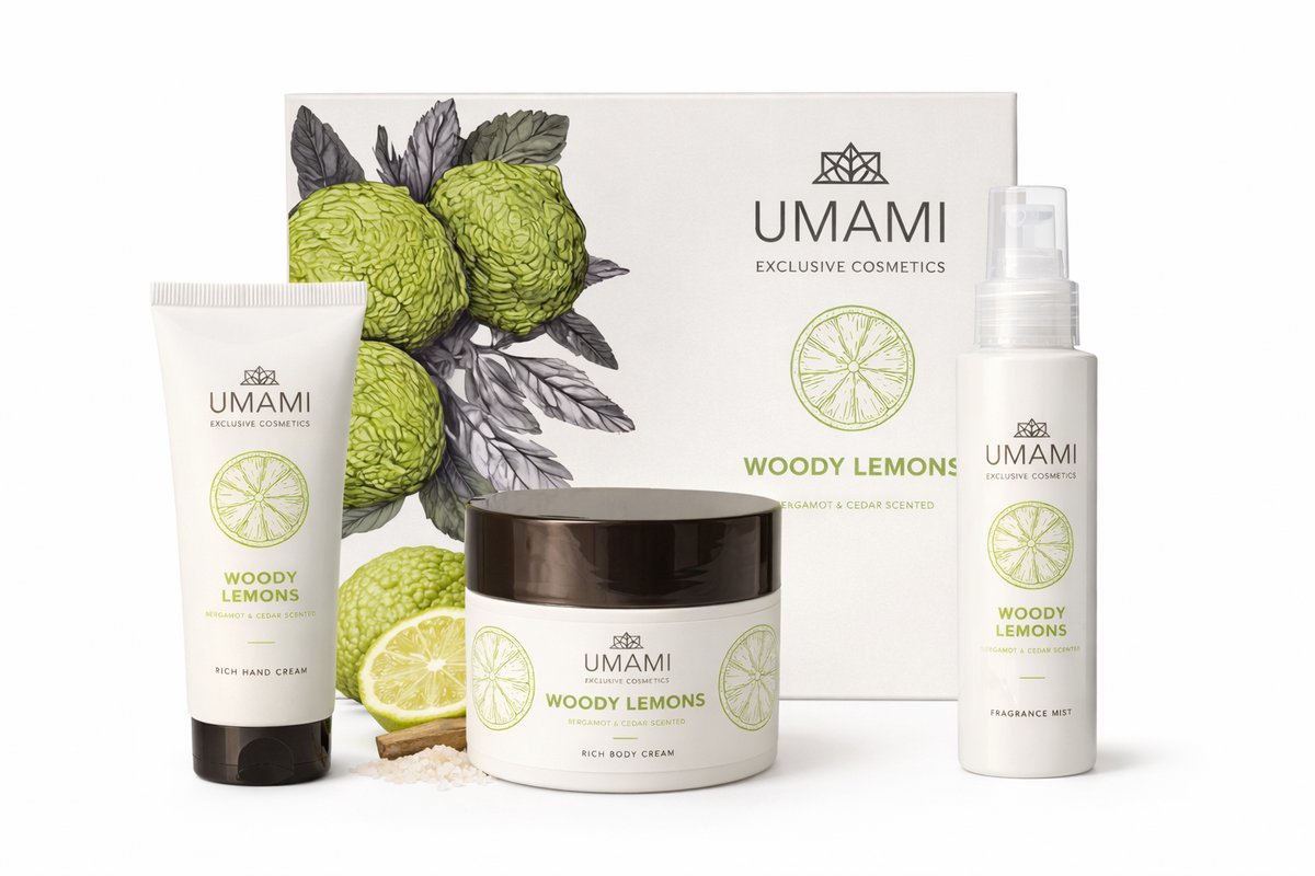 Umami Woody Lemons Geschenkset Lichaam Klein – Luxe Bodycare Cadeauset met Bodycrème, Handcrème en Bodymist – Verfrissende Geur van Bergamot, Ceder en Limoen – Verwenmoment voor Thuis of Cadeau - Kadoset vrouwen