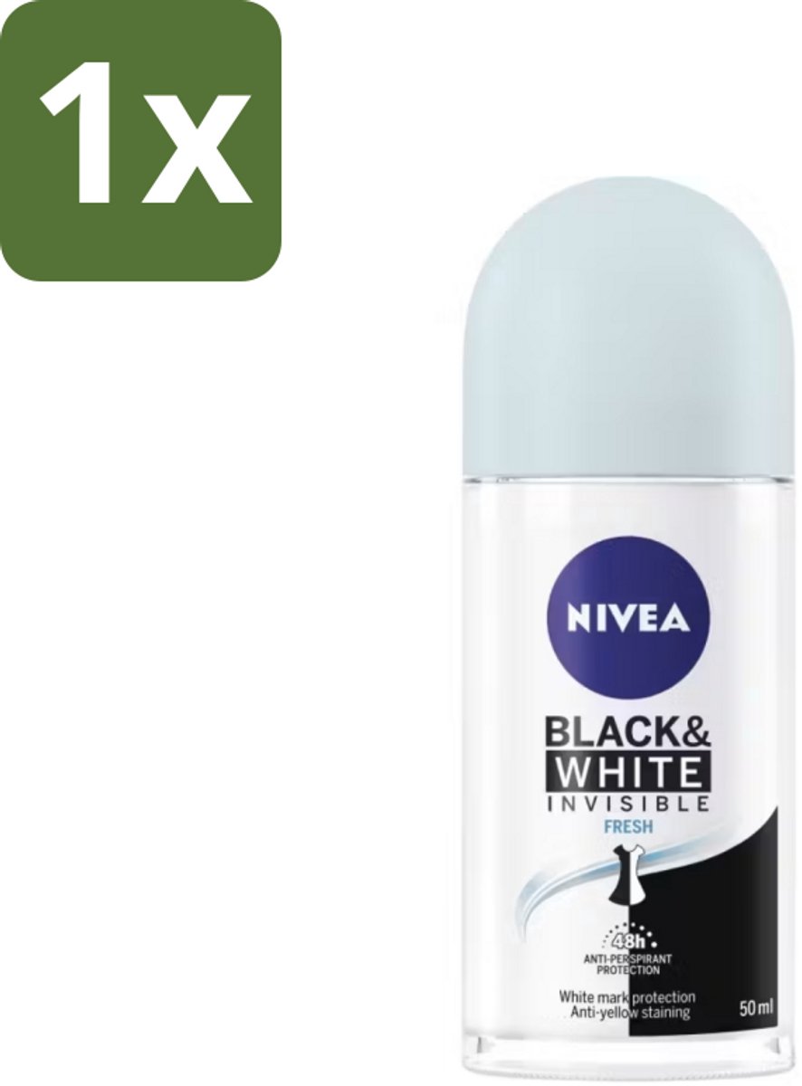 1 x Nivea - Deodorant - Roller - Black & White Invisible Fresh - 50 ml - NIVEA Deodorant Roller - Anti-transpirant - 48 Uur Bescherming - Kledingvlekken Voorkomen - Zonder Alcohol