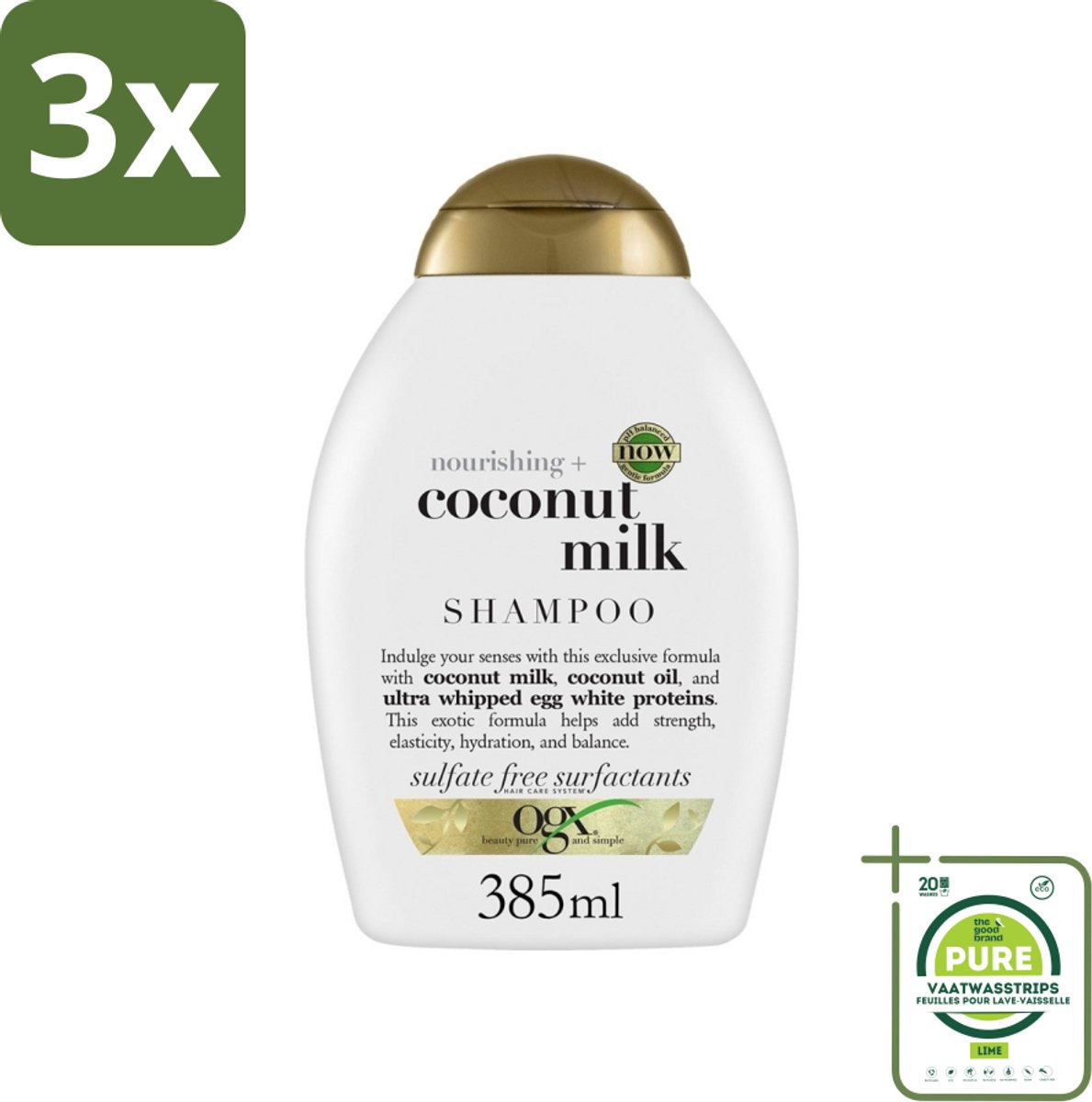 3 x OGX - Coconut Milk - Shampoo - Voedend - Tropische Geur - 385 ml - Grootverpakking - Kokos Shampoo - Voedende Shampoo - Tropische Geur - Haarverzorging - OGX Shampoo