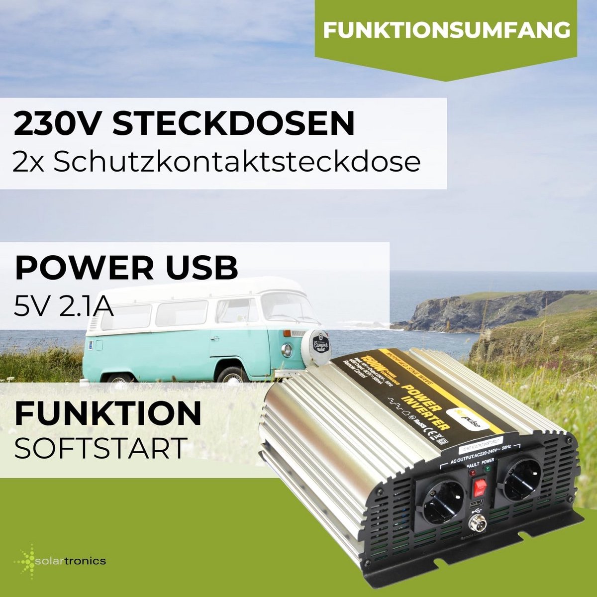 12V naar 230V Spanningsomvormer 1500W Pure Sinus Inverter voor Auto en Caravan