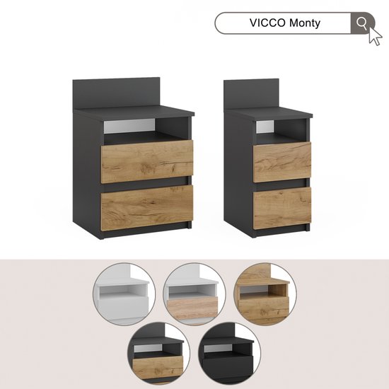 Deux tables de nuit Vicco Monty avec cadre gris foncé et tiroirs en bois. Variantes présentées.
