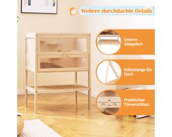 COSTWAY Hamsterkooi van hout, kooi voor kleine dieren met helling, mesh-klapdak, afsluitbare deur en plank, muizenkooi hamstervilla meerdere niveaus, houten kooi voor kleine dieren, 60 x 40 x 80 cm