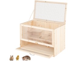 COSTWAY Hamsterkooi van hout, knaagdierenkooi met klapdeksel, multi-ladders, helling, acrylpaneel en afsluitbare deur, kooi voor kleine dieren, muizenkooi 60 x 35,5 x 42 cm