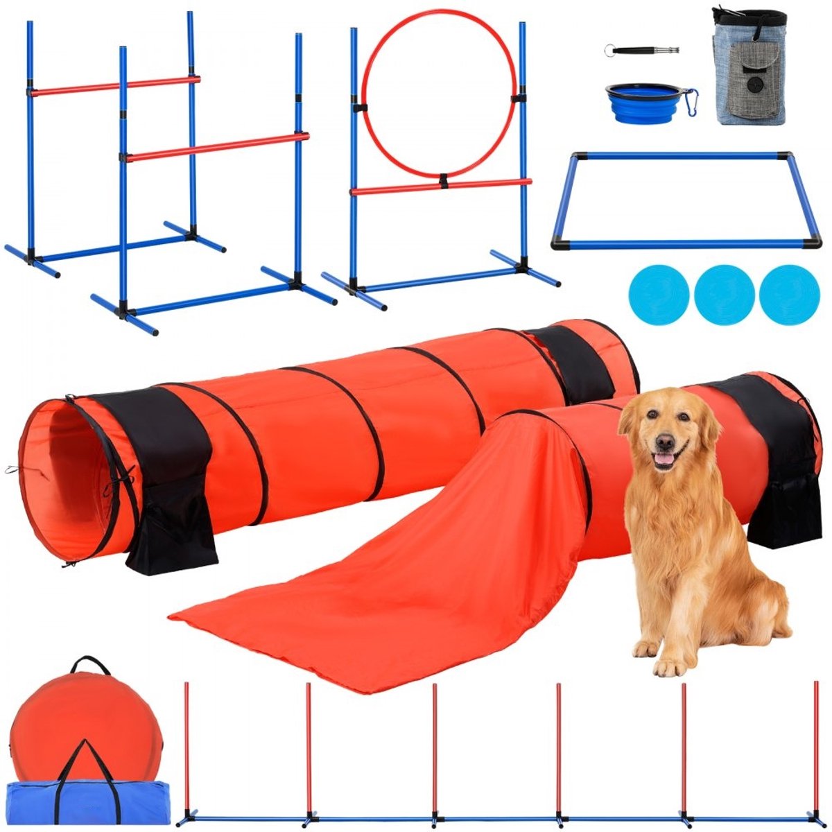 Agility Trainingsset voor Honden - Hindernisbaan - 7-Delig - Verstelbare Horden - 6 Slalompalen - 2 Tunnels - Springring - Inclusief Frisbees, Fluitje & Draagtassen