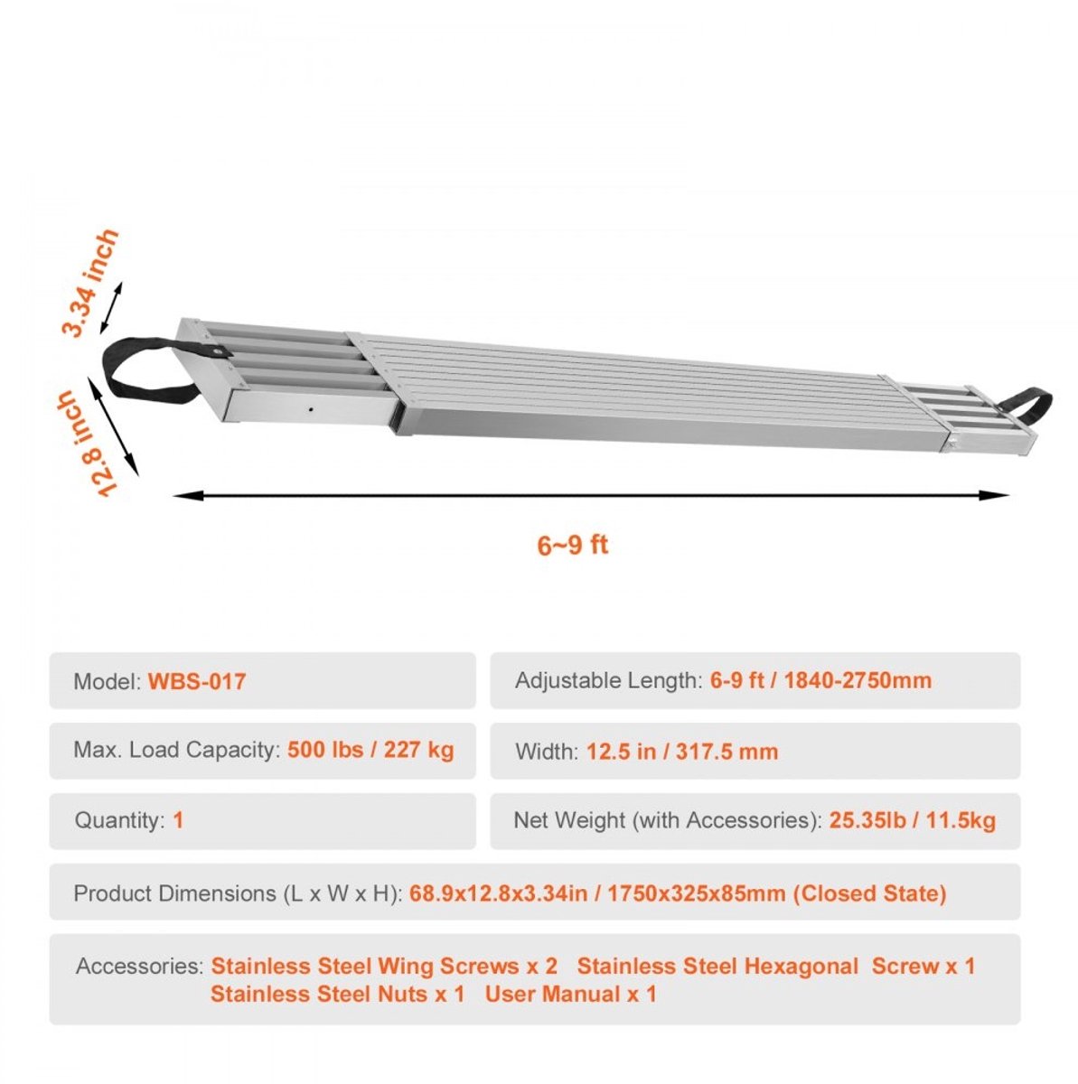 Telescopische Aluminium Werkplank - Uitschuifbare Steigerplank - Lengte 1,8-2,7 m - Draagvermogen 227 kg - Breedte 31,8 cm - Antislip Platform - Voor Steiger en Ladder