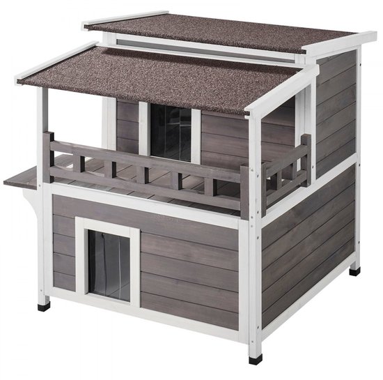 GOPLUS Kattenhuis Met 2 Verdiepingen – Hout, Asfalt Dak, PVC Gordijnen En Bloembak, Voor Binnen En Buiten