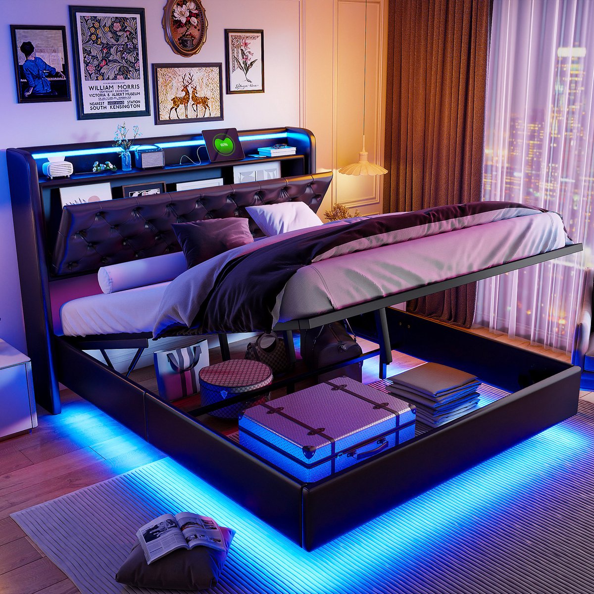 Gestoffeerd tweepersoonsbed 160x200cm met LED-verlichting en USB-oplaadpoort, modern bed, zwevend bed met verborgen voet met LED-verlichting en USB-poort, hydraulisch bed, PU-leer, zonder matras (splitsen voor 2 pakketten voor verzending)