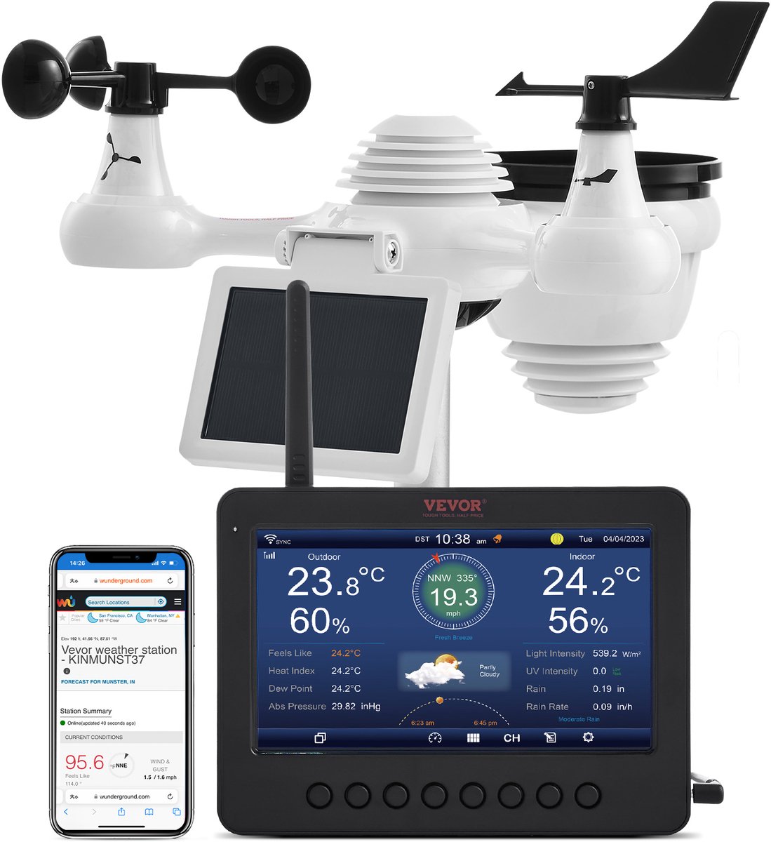 VEVOR 7-In-1 WLAN-Weerstation 186 Mm (7 In) TFT-Display Draadloze Buitensensor IPX6