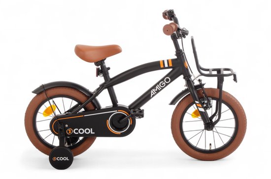 Vélo d'enfant noir avec selle marron, pneus marron, roulettes et porte-bagages avant. Logo 'AMIGO' sur le cadre.