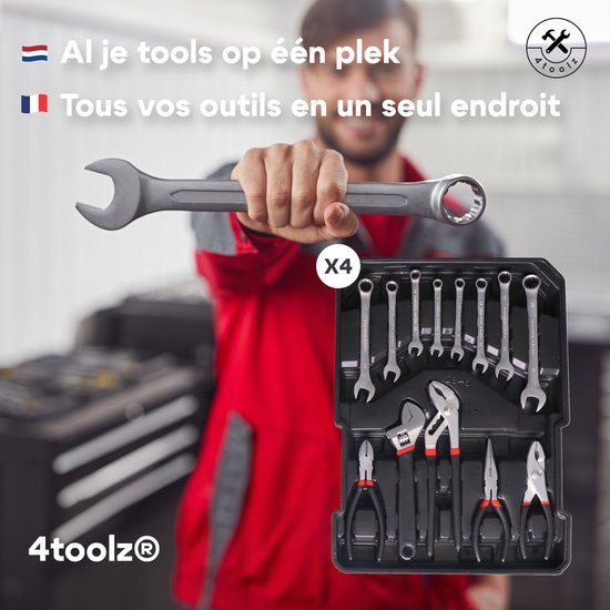 Man met rode werkjas houdt een grote steeksleutel vast, naast een gereedschapskoffer met tangen.