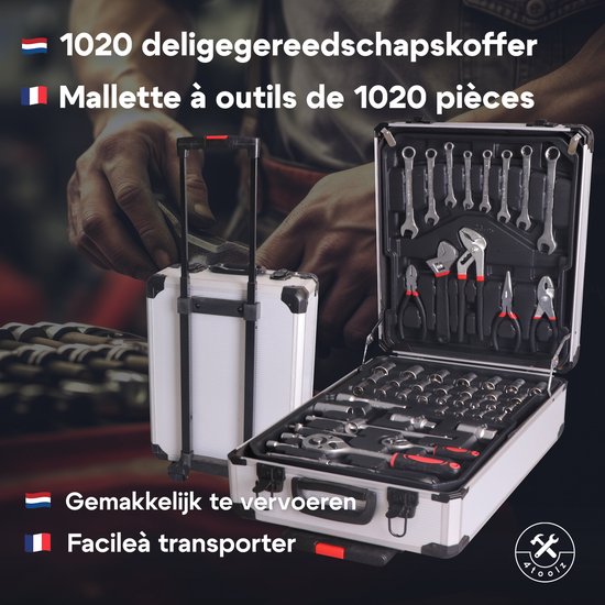 Gereedschapskoffer met wielen, geopend om de vele gereedschappen te tonen.