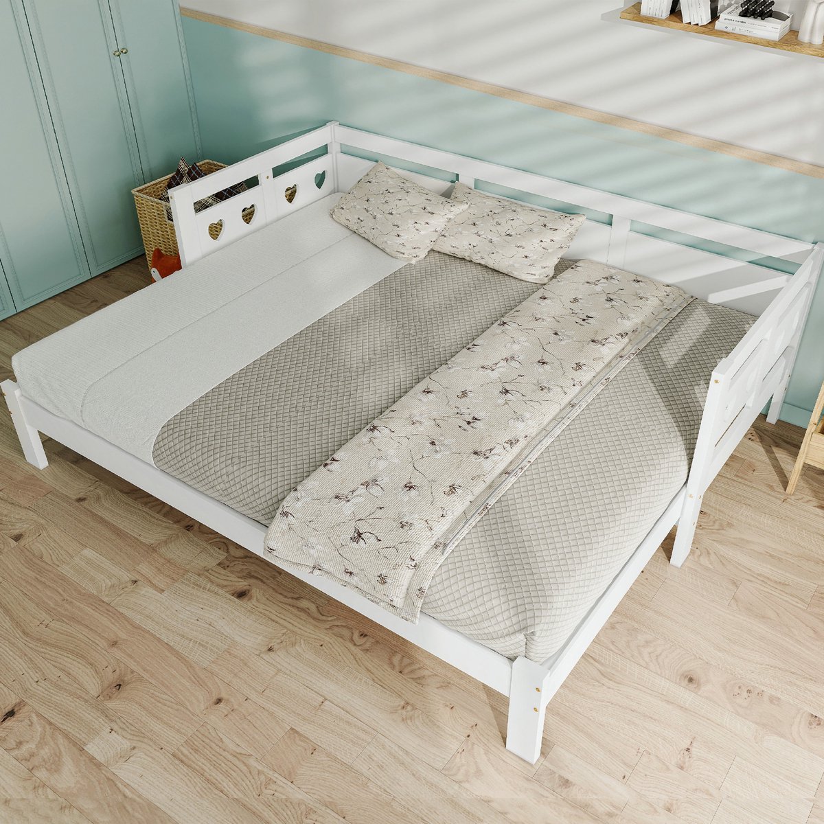 Kofferbak bed 90x190 cm, massief grenen, met 2e slaapplaats en uitklapbare lattenbodem, hartvormig bed, wit