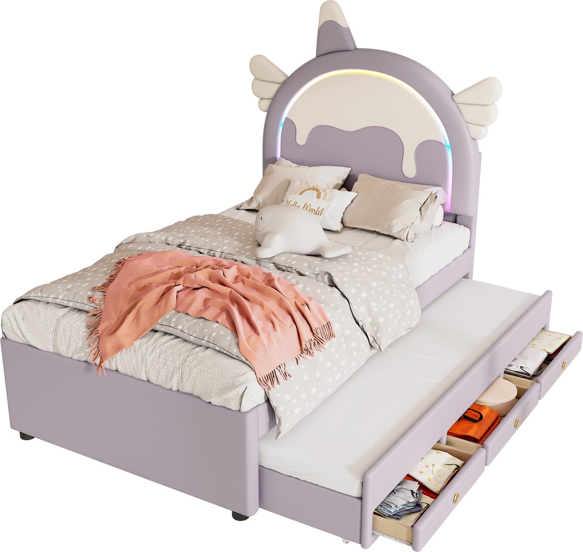 OKWISH Peuterbed 90x200 - Kinderbed Eenpersoonsbed met Schuifbed en Opberglade, Cartoon Eenhoorn Design - PU - Lila — cadeau in Cadeau-ideeën - foto 5