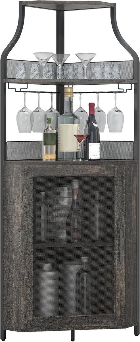Brisakys - Hoekbarkast - Wijnkast - Industrieel - Metaal - Gaasdeuren - Verstelbare Plank - Anti-Kantelset - 45x45x150cm - eikenkleur