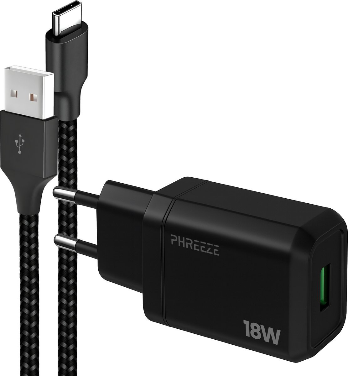 Phreeze usb adapter 18w - Usb A naar usb C kabel - 1 meter - Zwart
