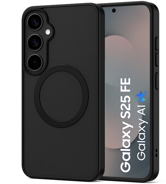 Coque de téléphone noire avec aimant circulaire, à côté d'un téléphone Samsung S25 FE.