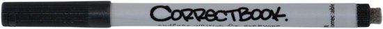 Zwarte Correctbook fineliner pen met capuchon aan de linker- en rechterkant. Tekst "Correctbook".