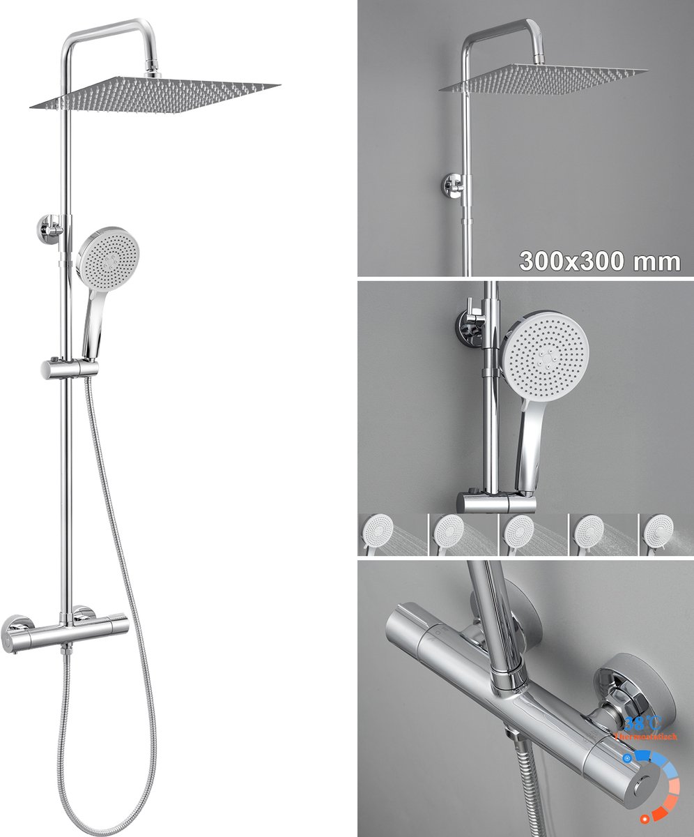 DERW Max Regendouche met Thermostaatkraan - XL 12 inch Douchekop - RVS Doucheset - 6 standen Handdouche - Verstelbaar Hoogte 88-123.5 cm - Waterbesparend - Chroom