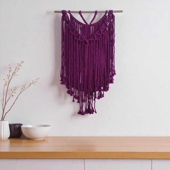 Cafuné Macramé Pakket - DIY Bohemian- wandkleed - Paars/Damson-50x75cm - Macrame Pakket voor Volwassenen - incl. koord, stok en instructievideo - Muurdecoratie - Cadeau Idee-Wandkleed zelf maken-Macramé touw-Gerecycled katoen